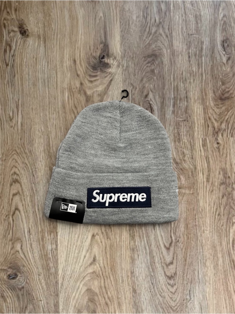 Supreme Gray Box Logo Beanie with Navy Patch FW25